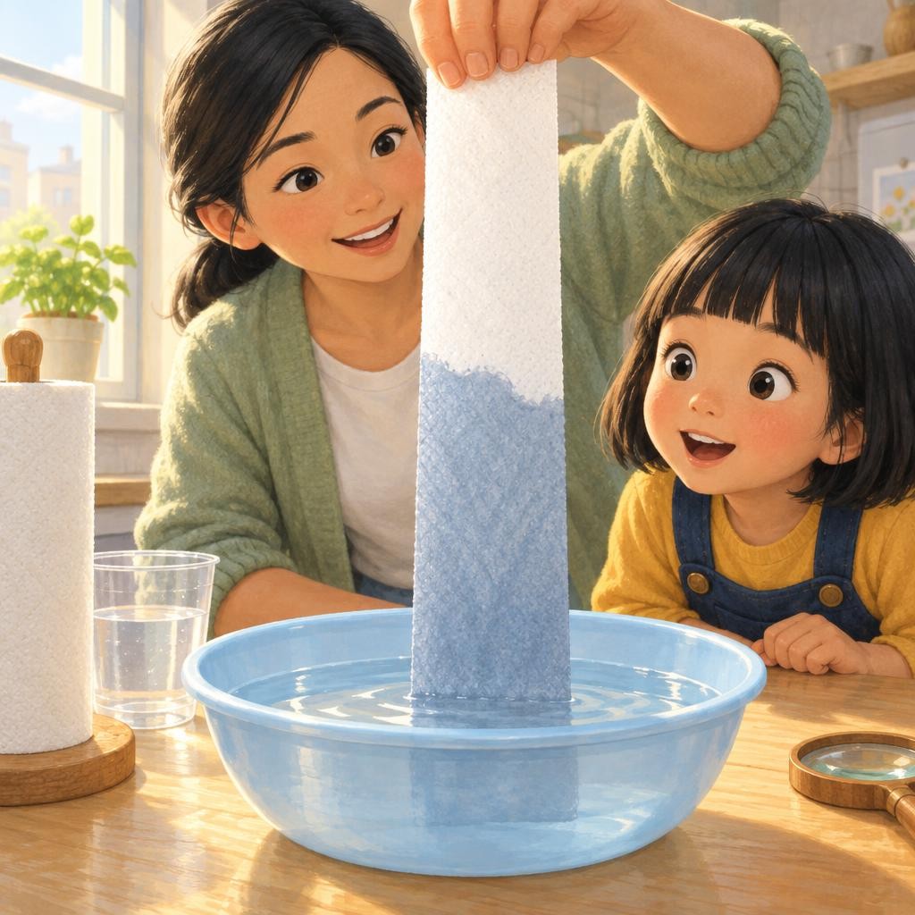 过了一会儿,纸条下面先湿了,变成深深的颜色。接着,湿印子一点一点往上爬,爬得比碗里的水面高出了一大截。水平时总是往下流,可在纸巾里,它竟然往上走了!