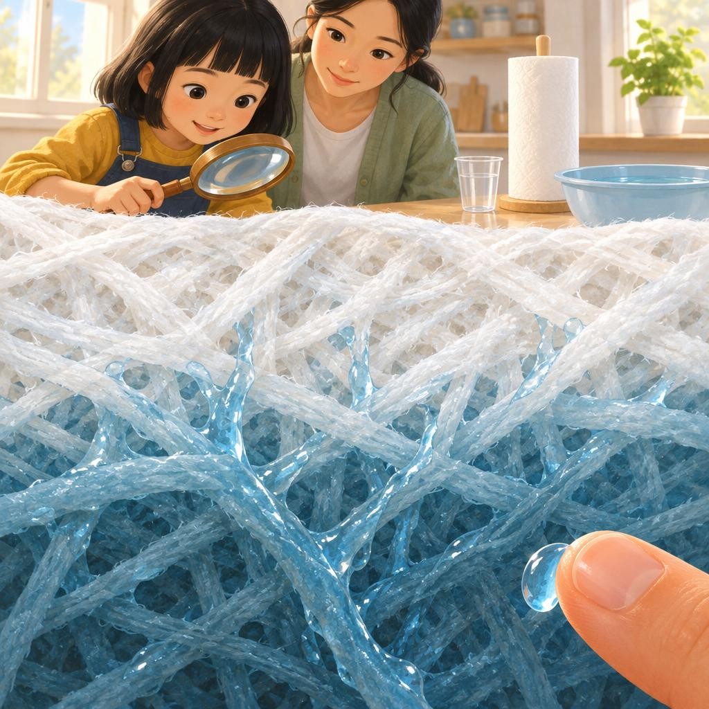 为什么水能往上爬?原来,水很喜欢粘在纤维上,就像你用手指碰一碰小水珠,它就粘到你的手指上。水和水之间也会互相拉住,不愿分开。在细细的缝隙里,前面的水粘着纤维往前挪一点,后面的水就被拉着跟上来。水在很细很细的缝隙里自己往前走,这就叫毛细现象。“毛细”,就是像头发丝那么细。