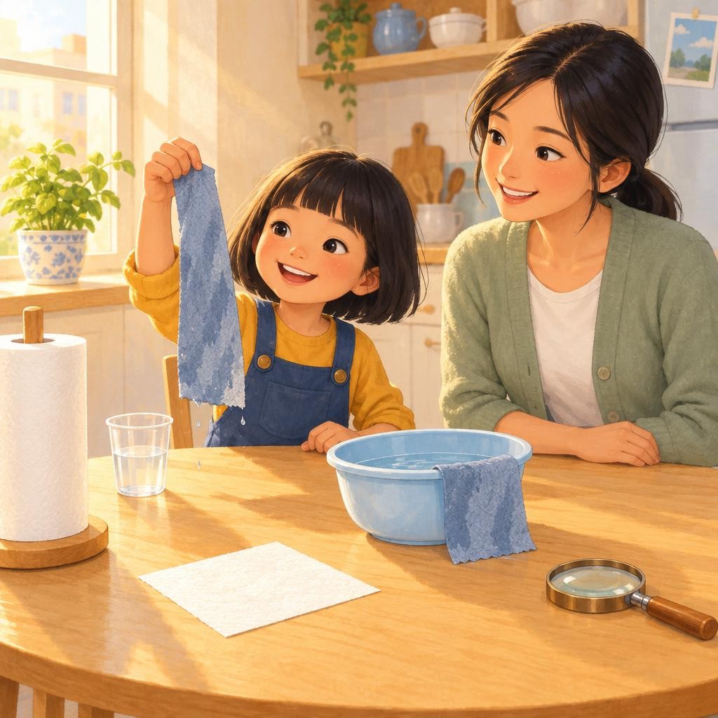 现在安安知道了:纸巾是用好多细细的纤维做成的,纤维之间有很多小缝隙。水粘着纤维,又互相拉着,就顺着缝隙一路钻进纸巾里。安安把整张纸巾盖在那摊水上,一会儿,桌子就干干净净啦。下次你用纸巾擦水,看看湿印子是怎么一点一点跑开的吧!