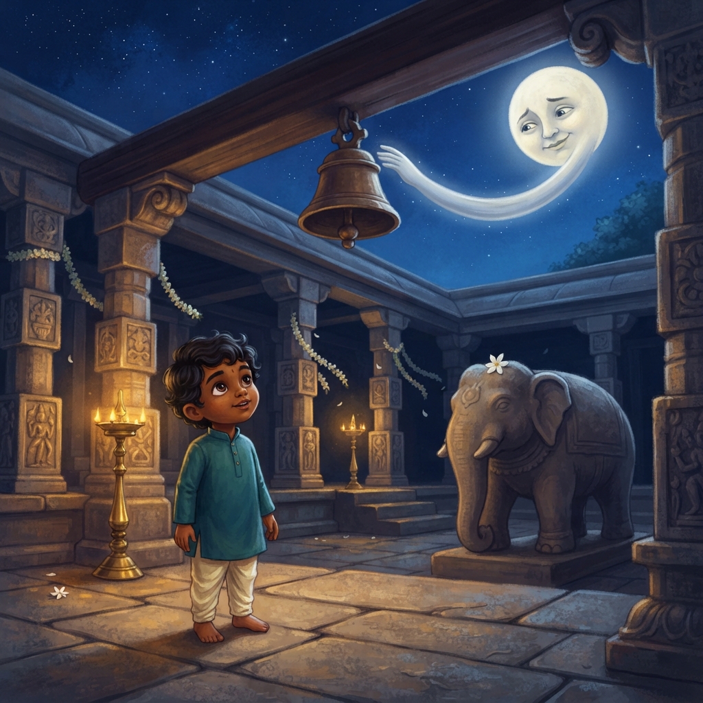 நிலா மெதுவாக கீழே சாய்ந்தது. ஒரு வெள்ளி ஒளிக்கரம் நீண்டு வந்தது—நீளம், இன்னும் நீளம்! அர்ஜுனின் கண்கள் round ஆனது. “வாவ்!”