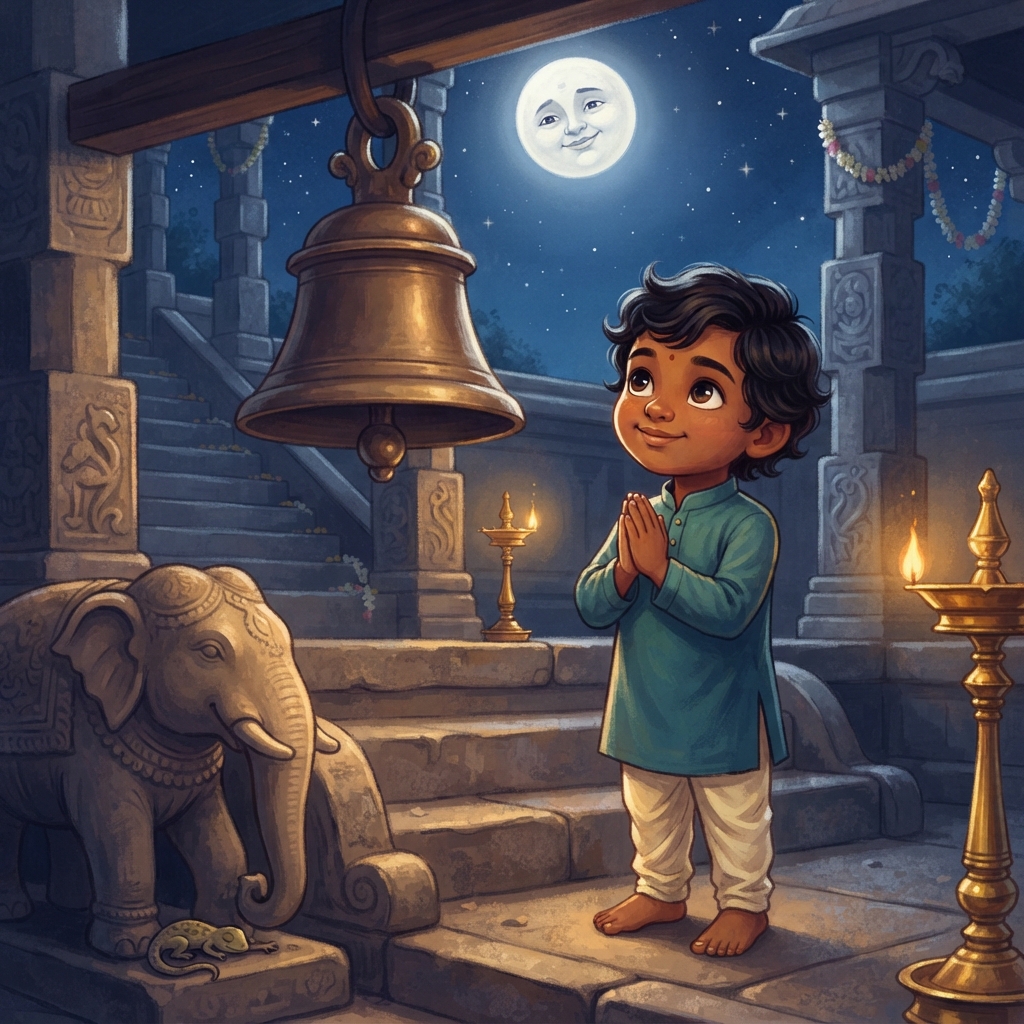 அர்ஜுன் இரண்டு கைகளையும் சேர்த்து, “Thank you, Moon!” என்றான். நிலா மீண்டும் வானத்தில் ஏறியது. மணியின் கடைசி “டாங்” அர்ஜுனின் நெஞ்சில் warm-ஆக இருந்தது. அவன் சிரித்தான். நிலாவும் ச
