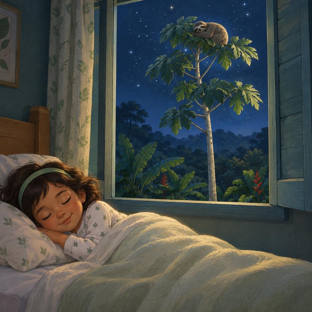 Por la ventana se veía el guarumo, oscuro, con una bolita peluda allá arriba. Afuera cantaban las ranitas y los grillos. Valeria respiró hondo, despacio, despacito… —Buenas noches,