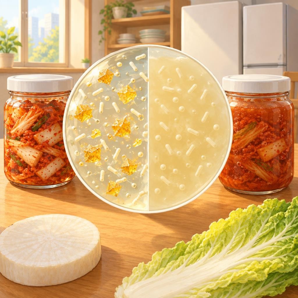 배추와 무에는 은은한 단맛이 들어 있어요. 유산균은 이 단맛을 먹고 살아요. 그리고 먹고 나면 시큼한 것을 남기지요. 이 시큼한 것을 젖산이라고 해요. 젖산이 조금씩 쌓일수록 김치는 점점 시큼해져요.