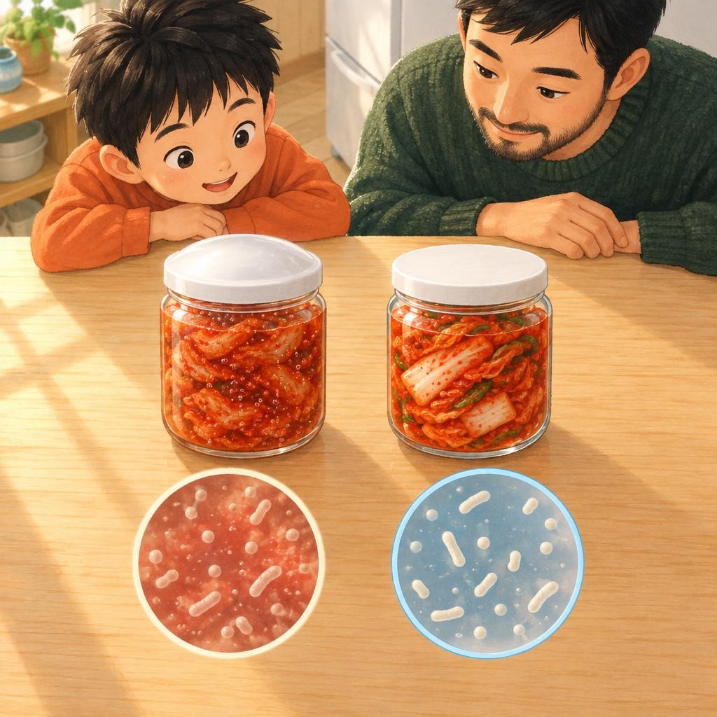 이틀 뒤, 지우와 아빠는 두 병을 식탁에 나란히 놓았어요. 부엌 선반에 둔 병에는 국물 속에 작은 거품이 송송 올라와 있었어요. 맛을 보니 훨씬 시큼했어요. 김치냉장고에 넣은 병은 처음과 거의 똑같았고요. 같은 김치인데 무엇이 달랐을까요?