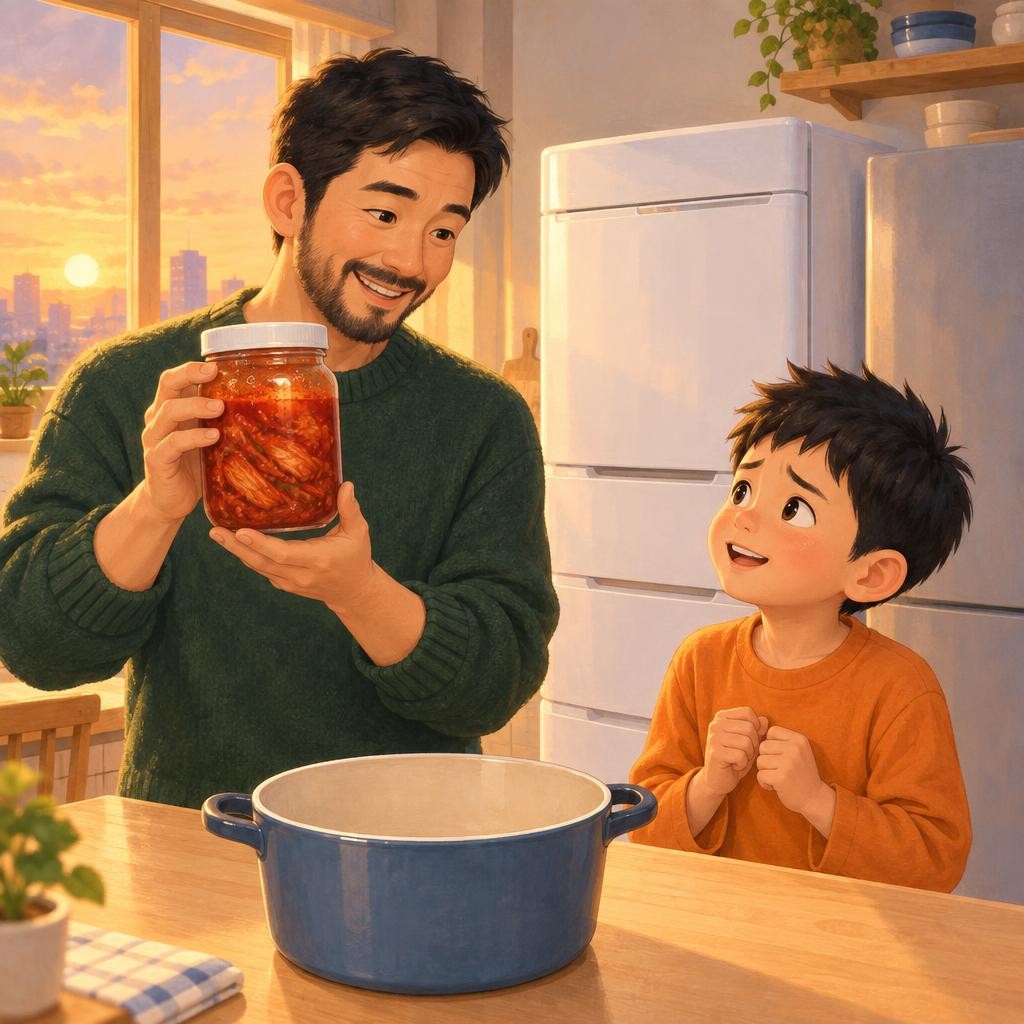 지우가 걱정스럽게 물었어요. “그럼 시어진 김치는 버려야 해요?” 아빠가 웃으며 시큼한 김치 병을 들어 보였어요. “아니, 김치가 잘 익은 거야. 이렇게 작은 생물이 음식을 천천히 바꾸는 걸 발효라고 해.” 그래서 김치를 김치냉장고에 넣어 두면 천천히 익어요. 잘 익은 신 김치로는 맛있는 김치찌개를 끓이지요.