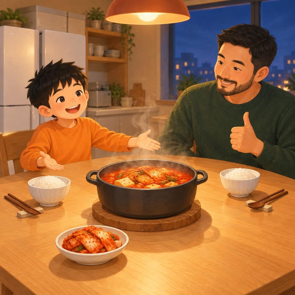 저녁 밥상에 보글보글 김치찌개가 올라왔어요. 지우가 아빠에게 설명했어요. “김치 속 유산균이 단맛을 먹고 시큼한 젖산을 만들어서 김치가 점점 시어지는 거예요. 따뜻하면 더 빨리, 차가우면 천천히요!” 아빠가 엄지를 척 들었어요. 다음에 김치를 먹을 때, 얼마나 익었는지 맛으로 알아맞혀 봐요.
