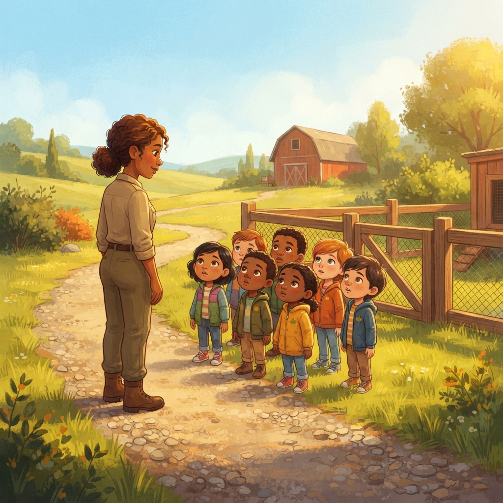 The children followed Ranger Mina into the sunny farmyard. “Fwee-fwee!” called a tiny whistle. Everyone stopped. Even their boots stopped crunching. “Who made that sound?” whispere