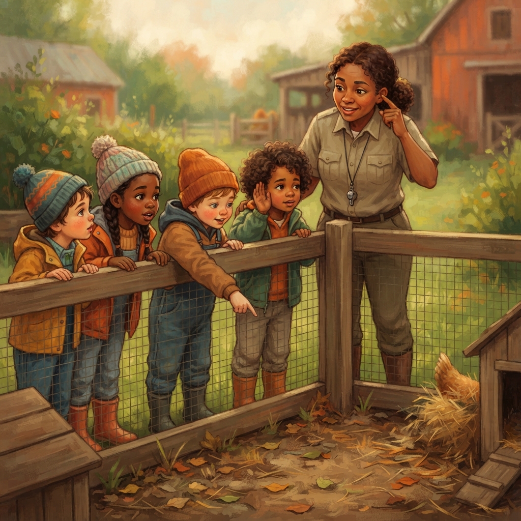 The children looked at Ranger Mina’s shiny whistle. But it hung still against her khaki shirt. Ranger Mina smiled and placed one finger by her ear. “Fwee-fwee!” came the sound agai