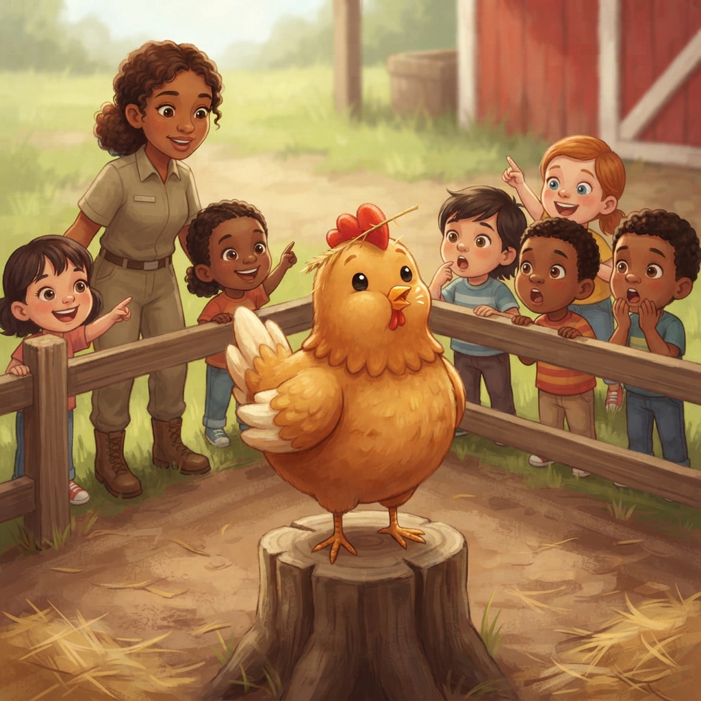 Out popped Kurka—a round little hen with straw on her head. She puffed her chest, pursed her beak, and— “FWEE-FWEE!” The children’s eyes grew round. Ranger Mina’s eyes did too. The