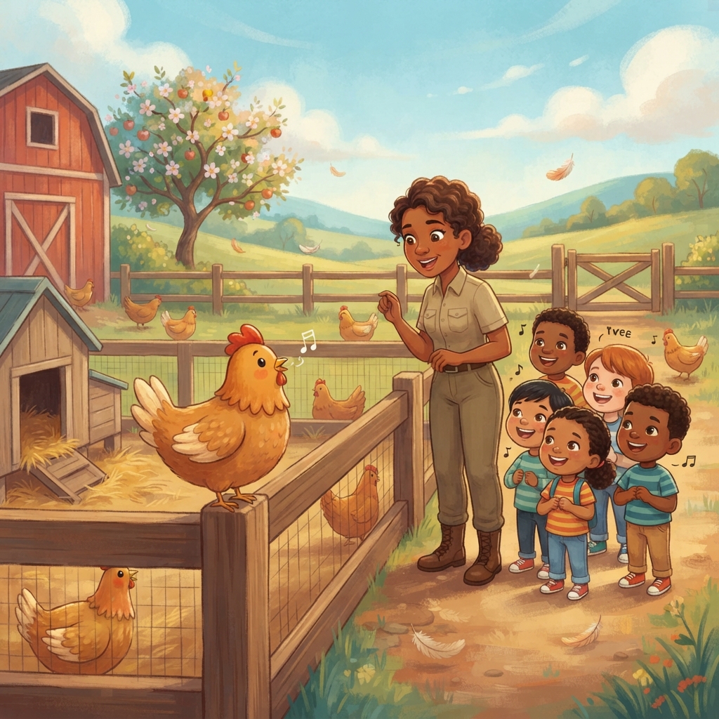 Kurka whistled high. “Fwee-fwee!” Ranger Mina answered low. “Whoo-whoo!” The children joined with gentle birdy sounds. High and low, soft and slow—the whole farmyard filled with mu