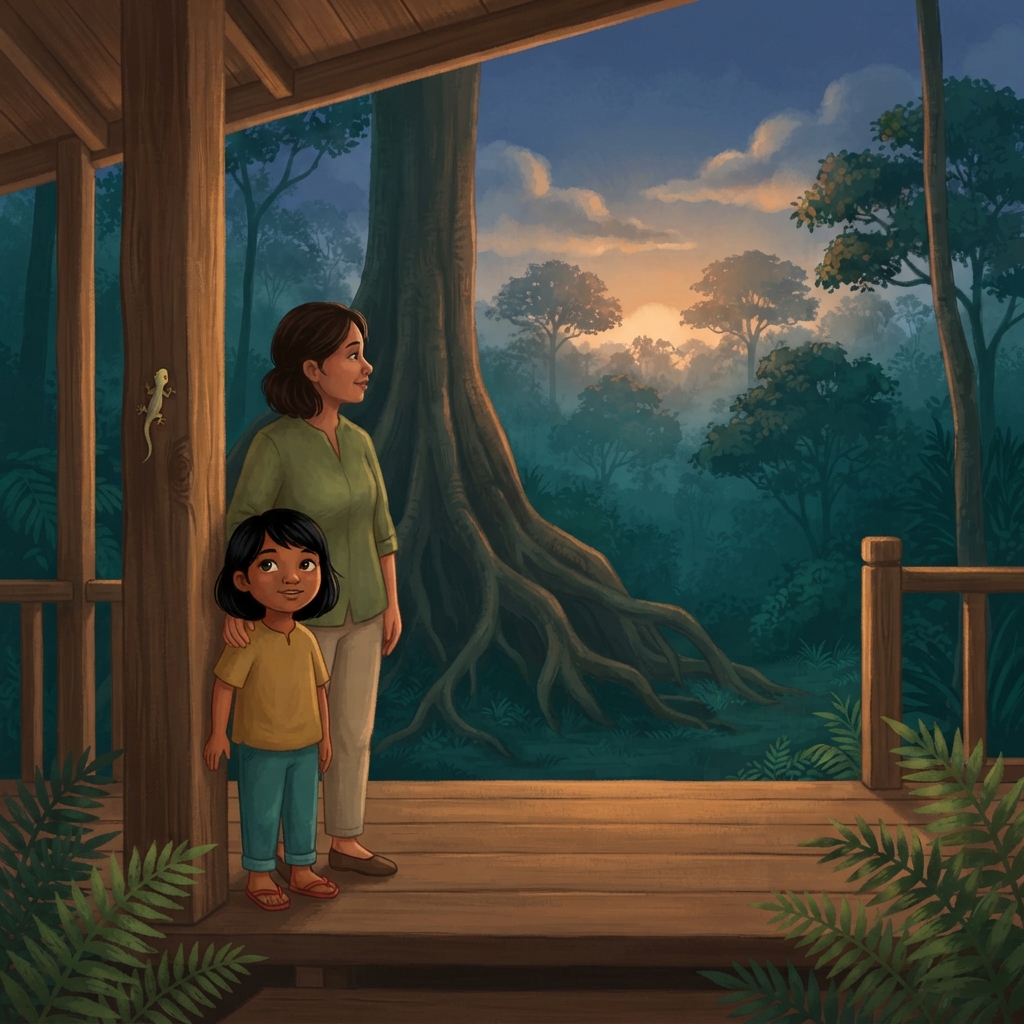 Senja tiba di pondok hutan. Ari mendengar, “Krik-krik! Kuak-kuak! Huu-huu!” Pada waktu siang tadi, hutan tidak sebising ini. Mengapa malam membawa begitu banyak bunyi?