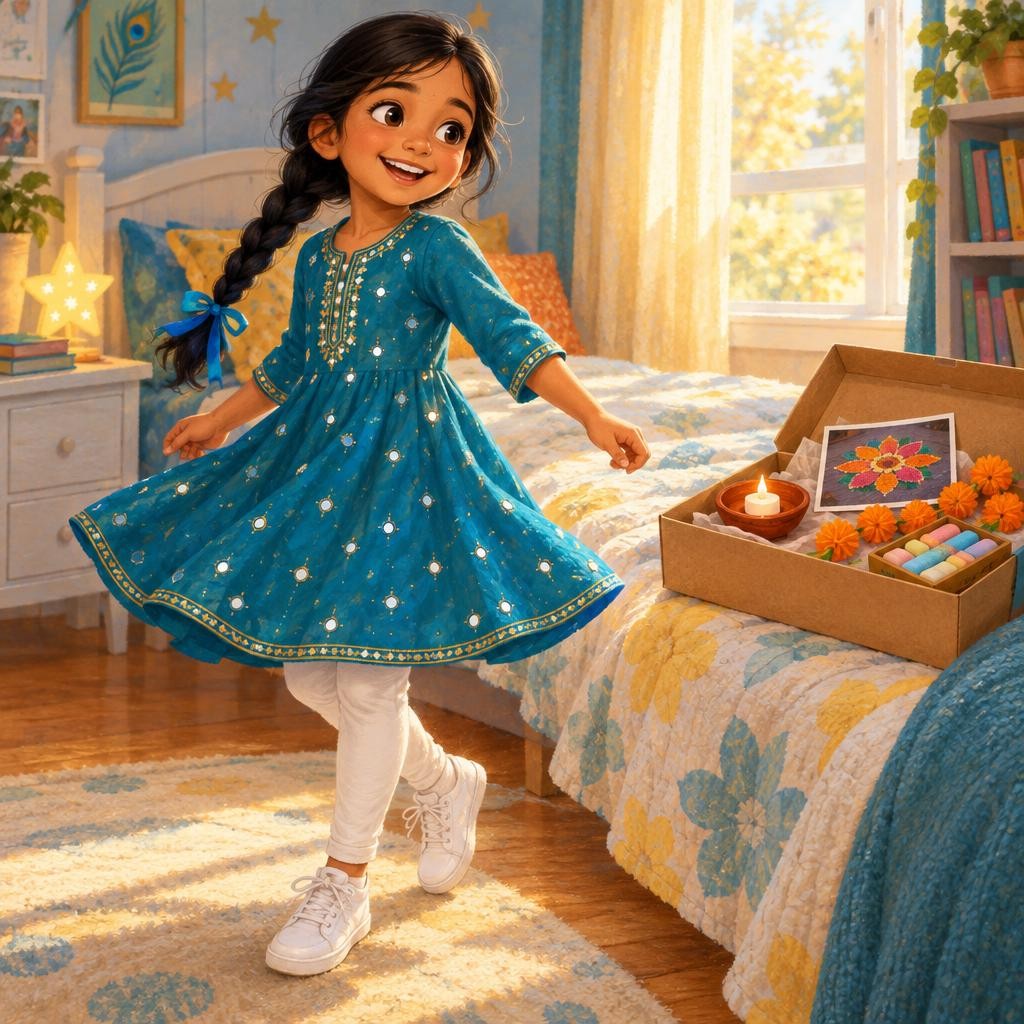 In the morning, Riya put on her new Diwali kurta. It was peacock blue, with tiny round mirrors that winked when she moved. In her family, new clothes are part of Diwali. Then she p