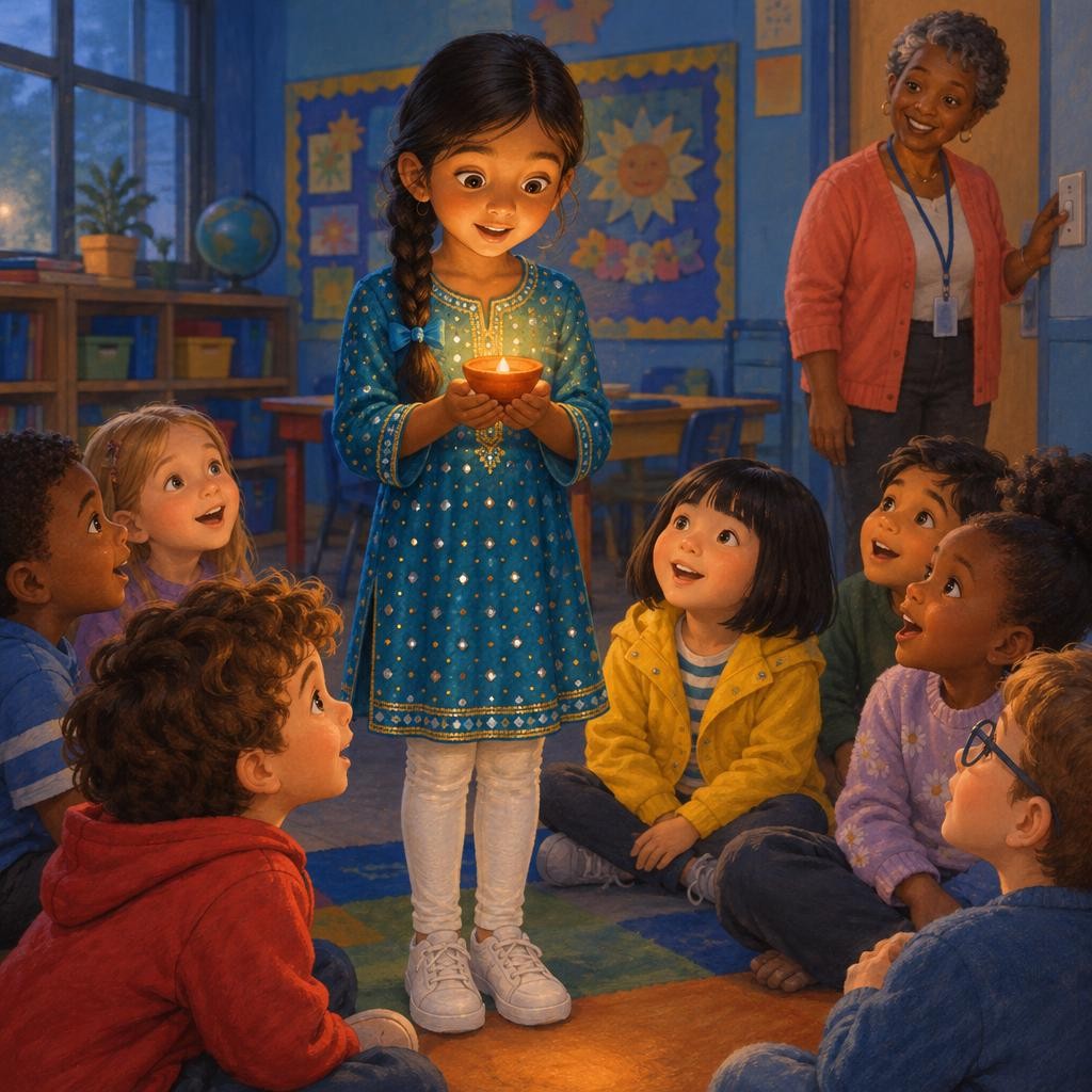 At Sharing Day, Riya stood at the front of the class. Her voice came out tiny. "This is a diya." "A what?" said someone at the back. Riya's cheeks felt hot. Then Ms. Carter dimmed 