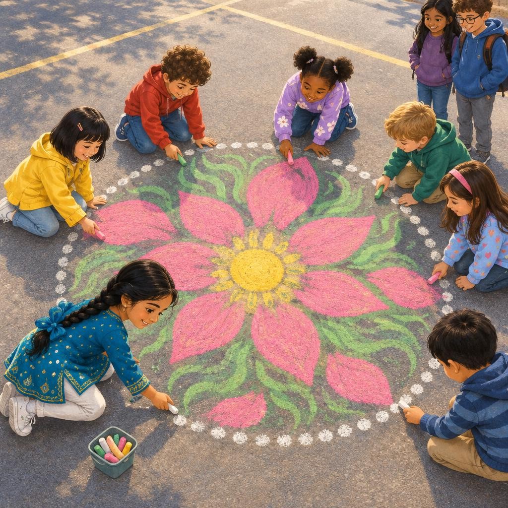 At recess, Riya drew a giant circle of dots on the blacktop. "A rangoli is a welcome picture," she explained. "Everybody gets a petal." Mei made pink petals. Mateo made green leave