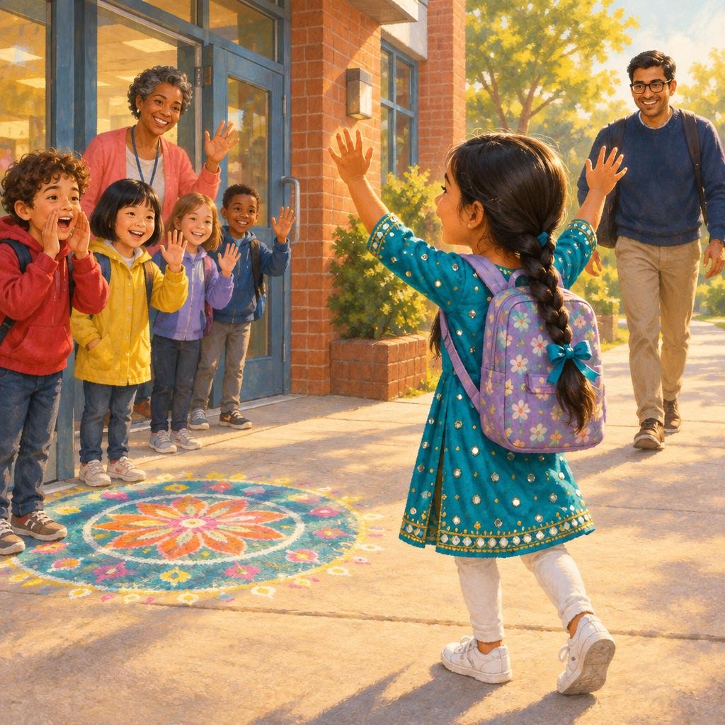 At pickup, the chalk rangoli was still bright by the school doors. Dad was walking up the path when Mateo shouted, "Happy Diwali, Riya!" Then Mei said it. Then the whole line said 