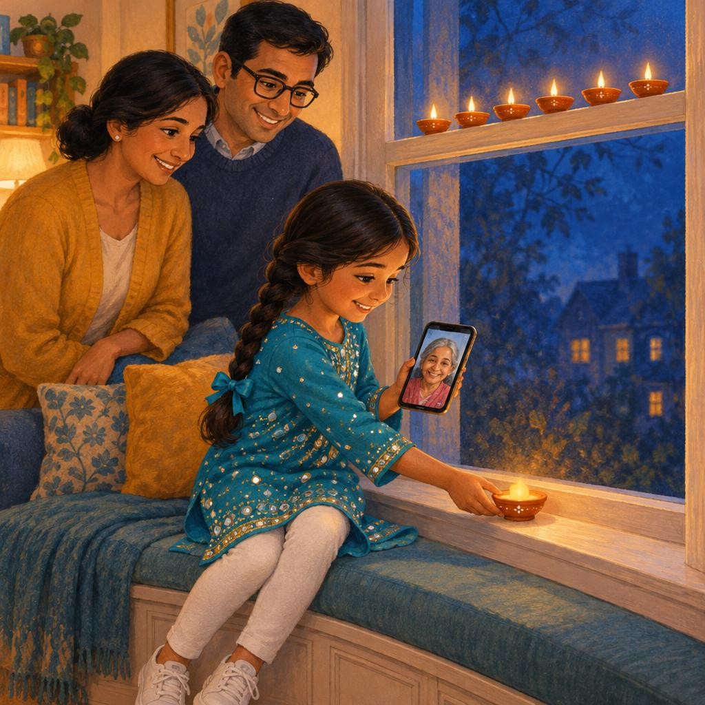 That evening, Mom and Dad lit the diyas on the high window ledge, and the room filled with soft gold. Riya told Nani all about it on the video call. "Everyone said Happy Diwali!" T
