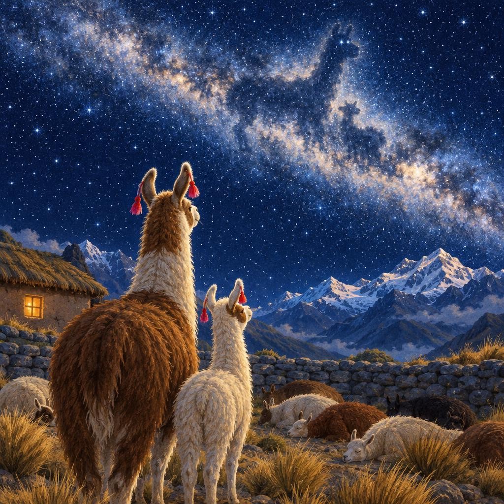 Mamá llama acercó su cabeza a la de Wayra. —Mira hacia arriba —le dijo. Wayra levantó el cuello. ¡Oh! El cielo estaba lleno de estrellas. Y de un lado a otro lo cruzaba una franja