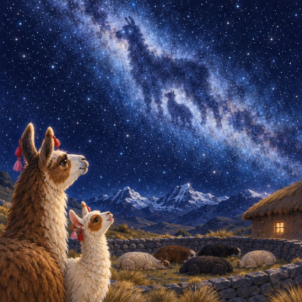 —¿Y esas manchas oscuras en el río? —preguntó Wayra. —Míralas bien —dijo mamá—. Desde hace mucho tiempo, la gente de los Andes mira esas manchas y ve una llama. Wayra miró y miró.
