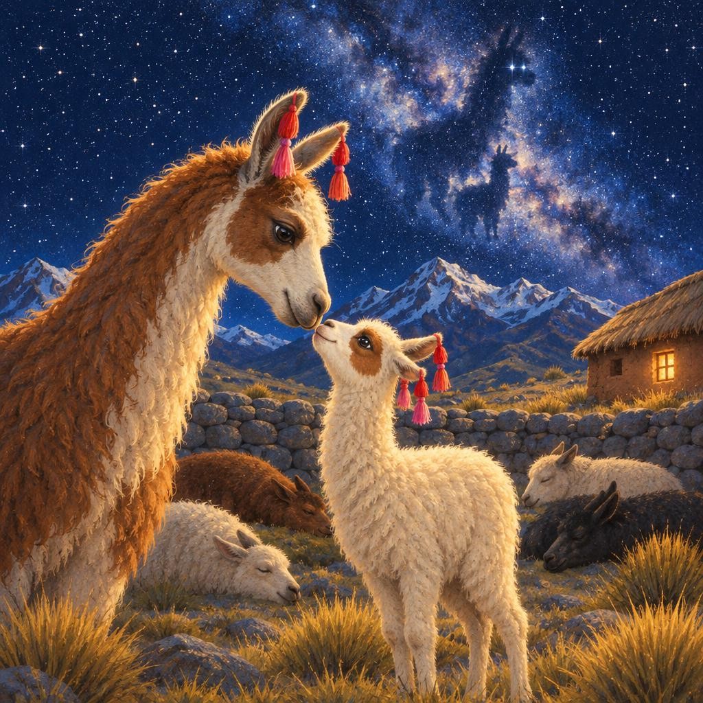 —¿Y la llama del cielo está solita? —preguntó Wayra. —No —dijo mamá—. Cuentan que tiene a su llamita muy cerquita. Wayra sonrió. —Como yo contigo.