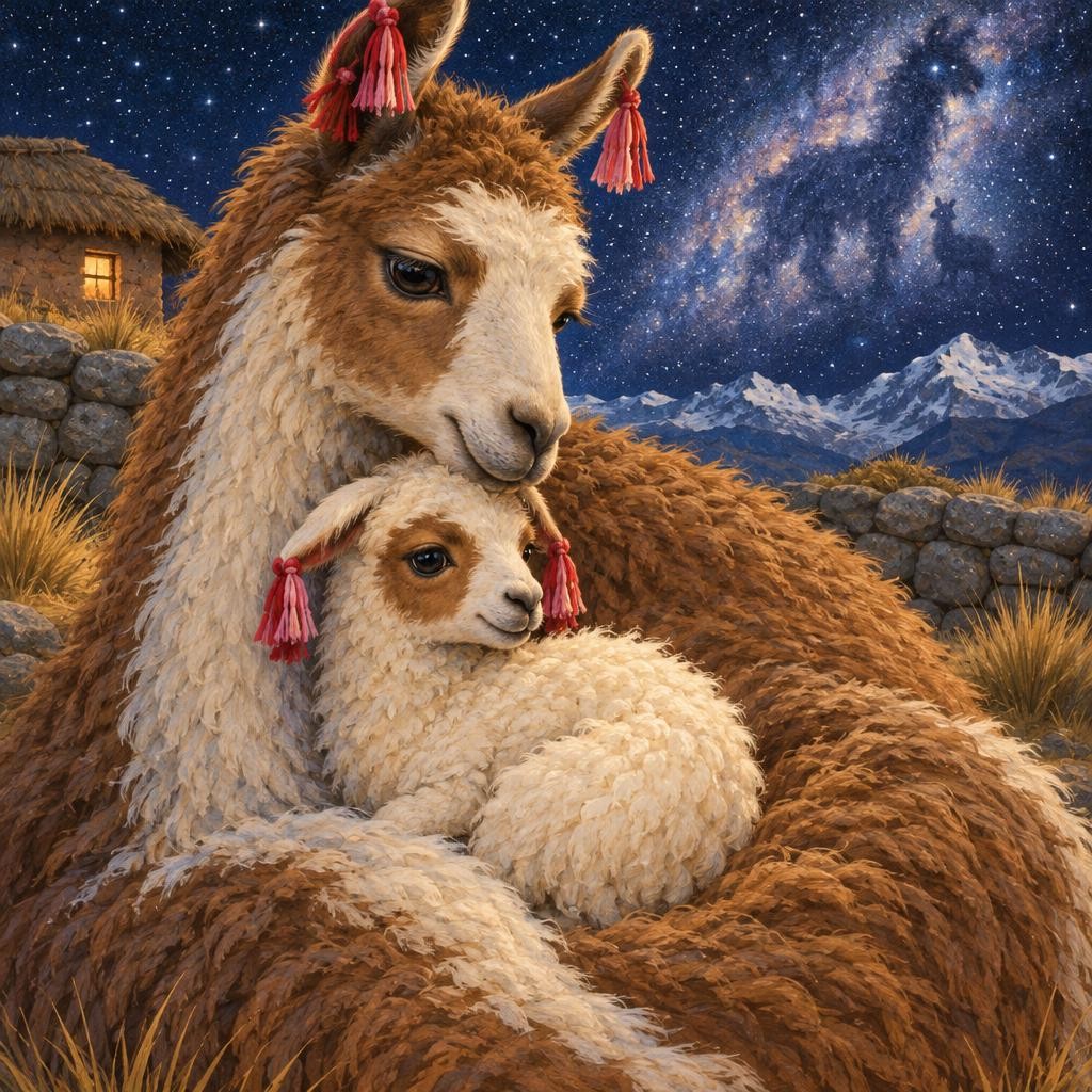 Wayra se acurrucó contra mamá. Su lana era gruesa, suave y calientita. —La llama del cielo cuida a su llamita —dijo mamá bajito—, y yo te cuido a ti. Ya no hacía tanto frío. Y la n