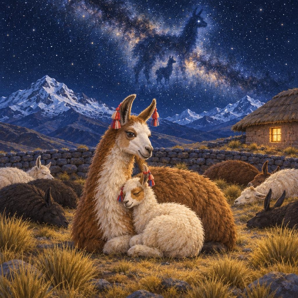 Wayra miró una vez más los ojos de la llama del cielo. —Una estrella... dos estrellas... —contó despacito. Y antes de llegar a la tercera, se quedó dormida. Arriba, en el río de es