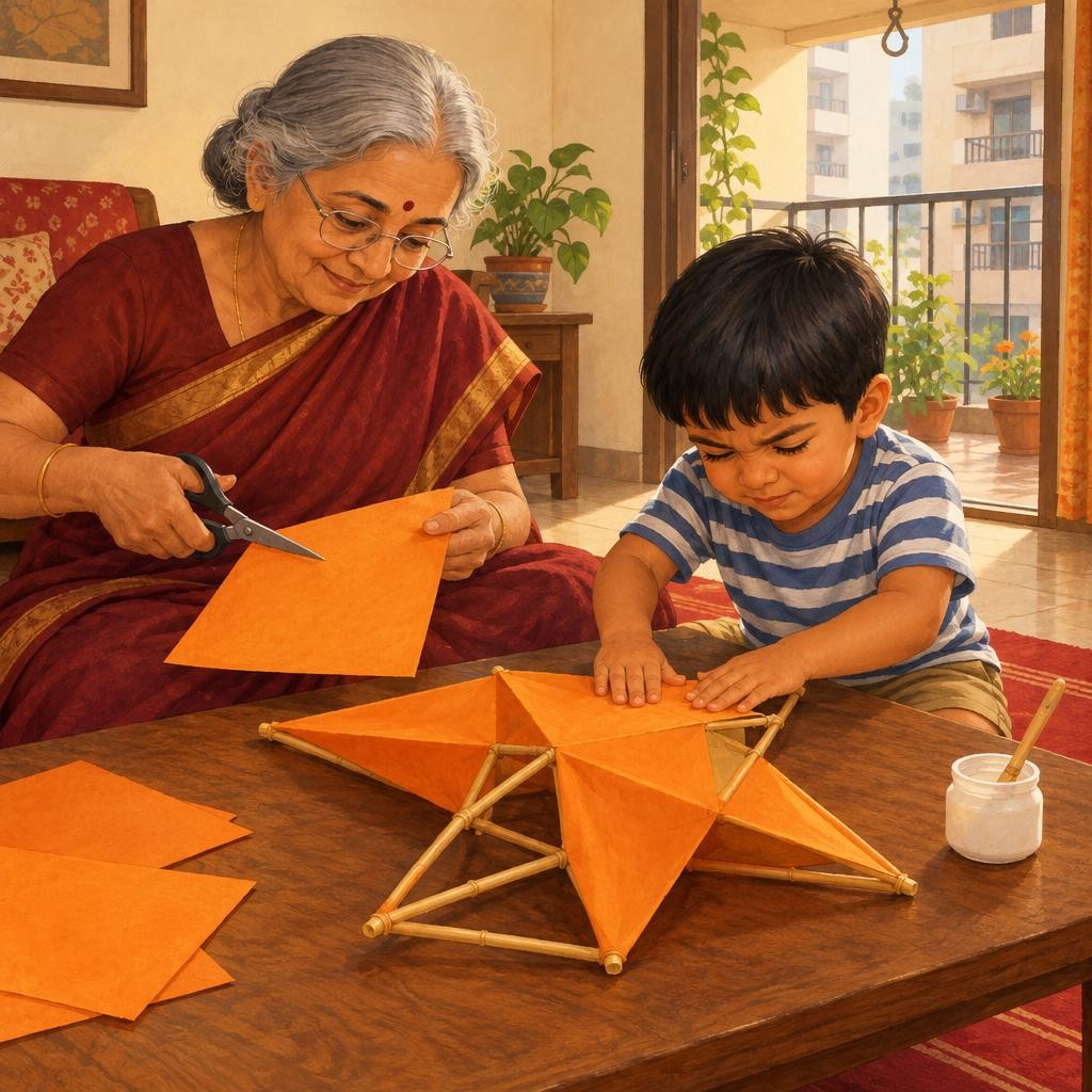 Aaji cut the paper with her big scissors. Scissors are a grown-up job, so Mihir was in charge of glue. Dab, dab, dab. He pressed each piece onto the sticks. "Hold it and count to t