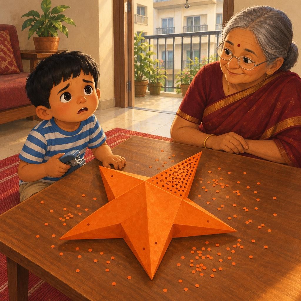 Next, Aaji gave Mihir a paper punch. Click! A tiny round hole. Click, click! A row of holes. Mihir loved the clicking. Click, click, click, click! When he looked up, one whole poin
