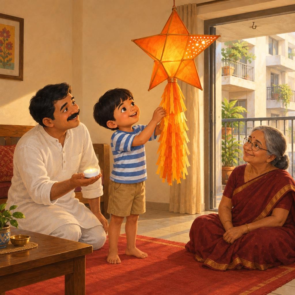 Aaji cut long paper strips, and Mihir fluffed them into tassels that swished like a tail. Then Baba brought a small battery light. "Never a candle inside paper," said Baba. "This l