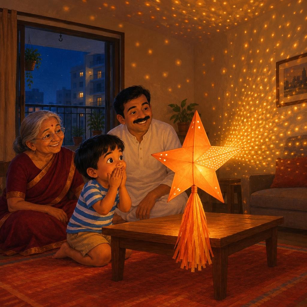 That evening, Baba switched off the room lights. Mihir held his breath and pressed the button. The star glowed orange. And all over the walls and the ceiling… tiny dots of light! D
