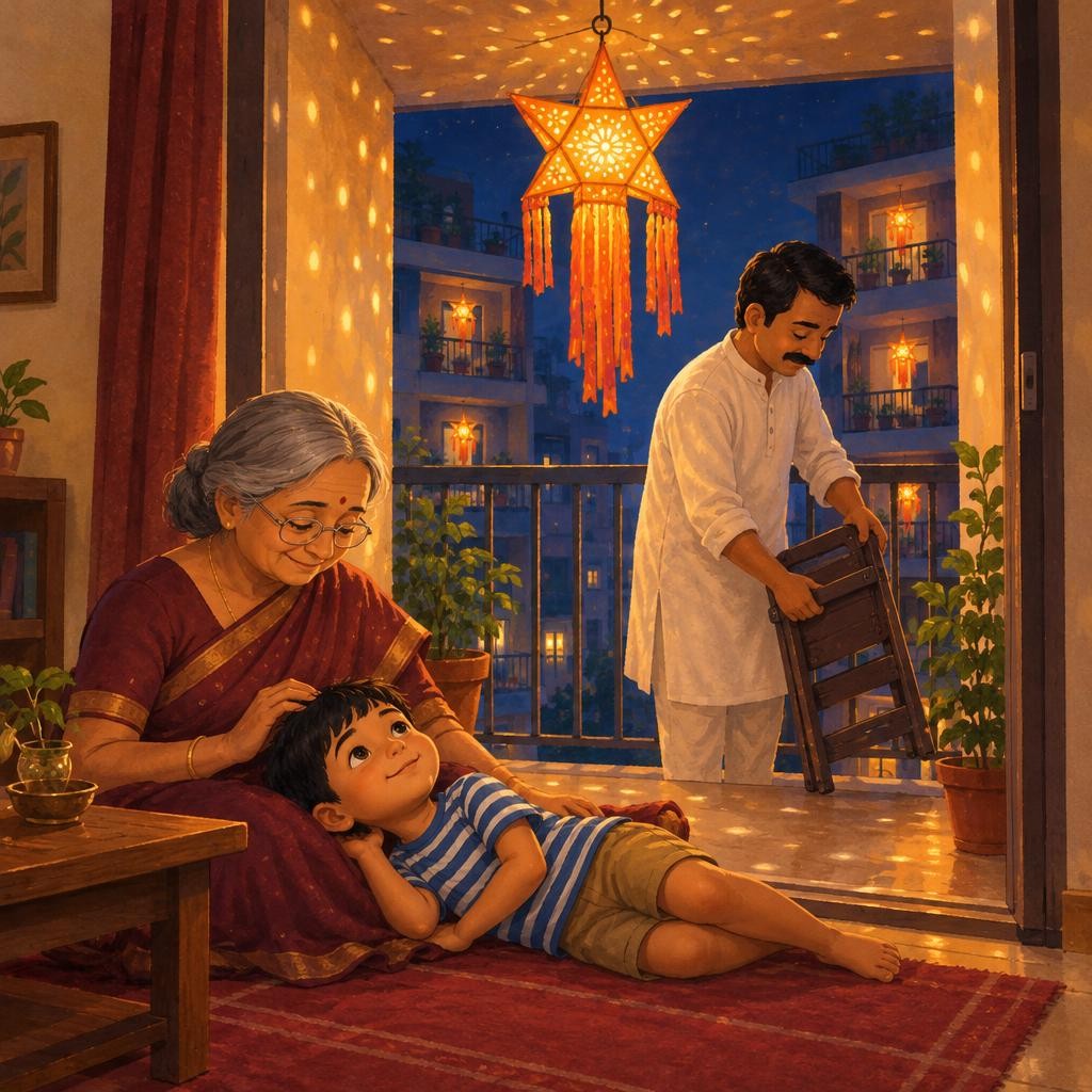 Baba stood on the step stool and hung the kandil from the hook in the balcony ceiling, while Mihir stayed by the door and called, "A little higher!" Now his star glowed with all th