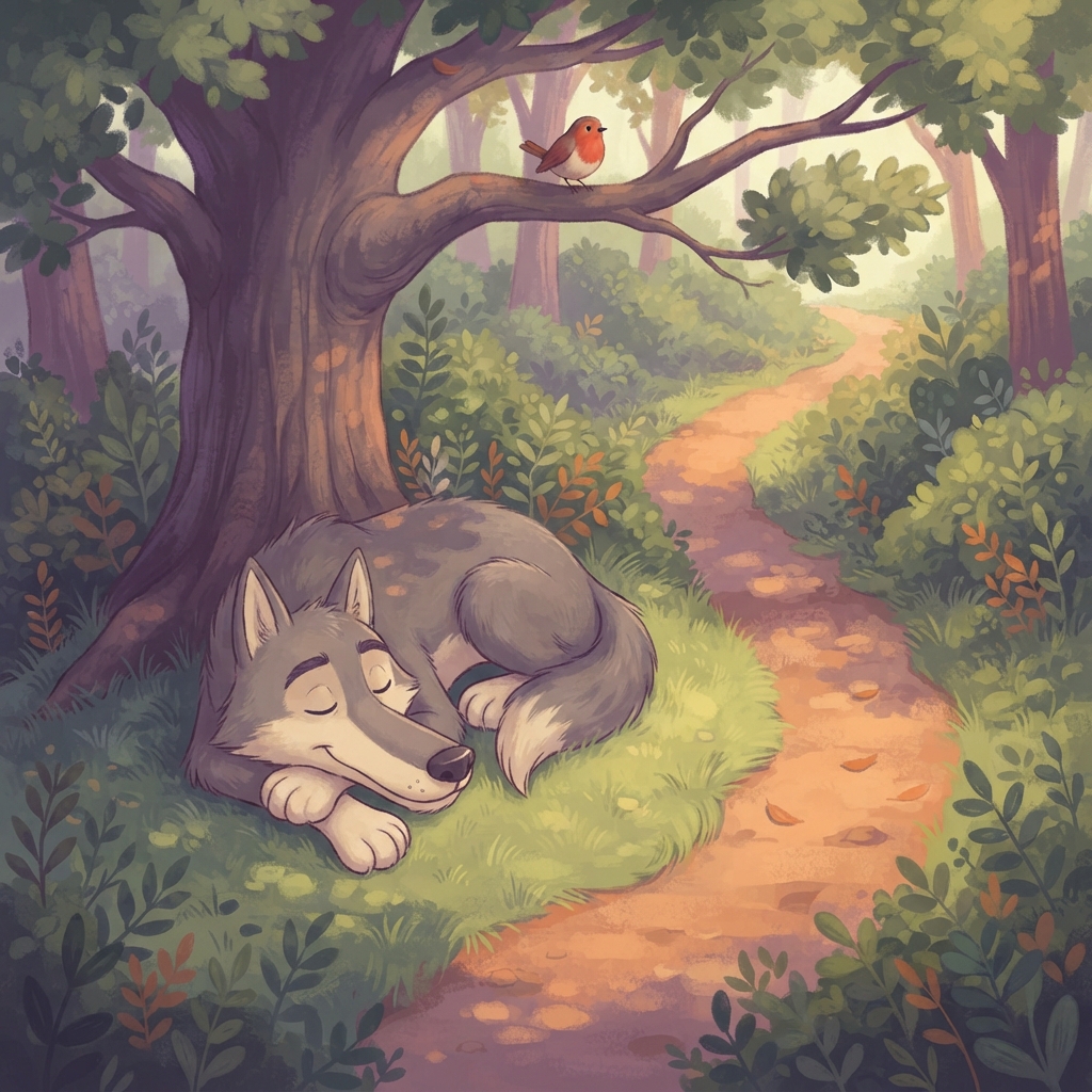 The wolf looked back and saw no tortoise. “I have plenty of time,” he thought. Sure he had already won, he curled beneath a tree and fell fast asleep. The quiet path beside him sta