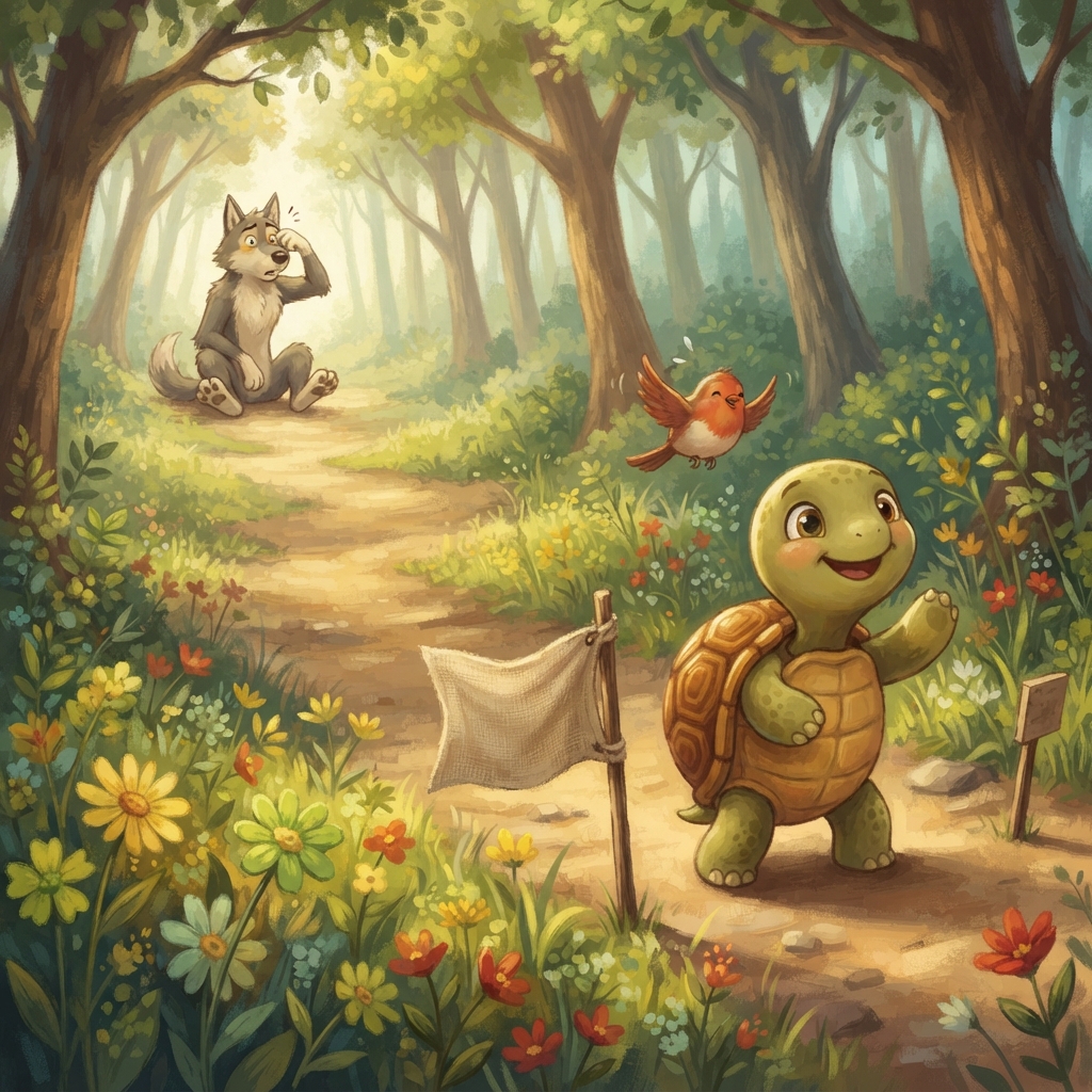 At last, the tortoise reached the finish first. He smiled proudly beside the flag. Far behind, the wolf woke and saw what had happened. The tortoise had not hurried, and he had not