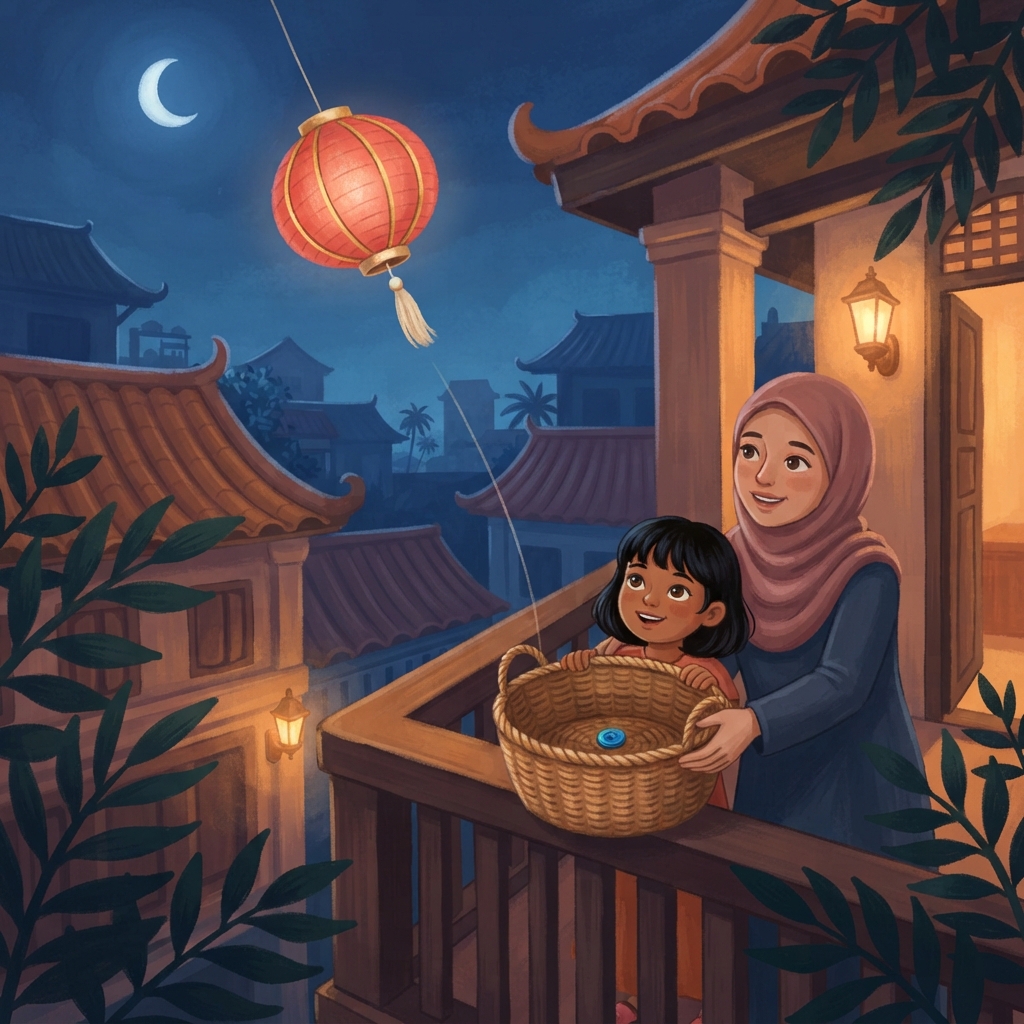 Angin menjadi lembut. Tanglung turun sedikit demi sedikit— melepasi menara, melepasi pokok, terus ke balkoni yang terang. Aina dan Ibu menghulurkan bakul besar untuk menyambutnya.