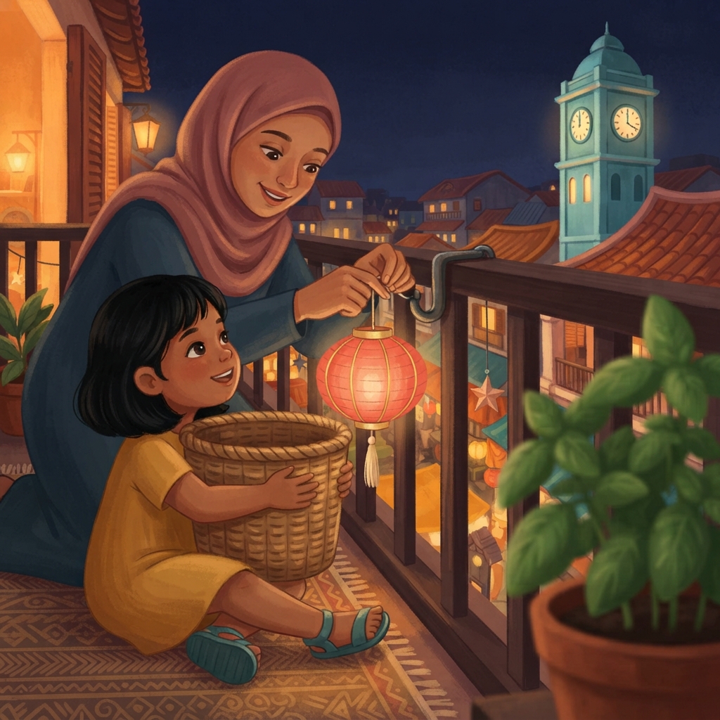 Tanglung mendarat empuk di dalam bakul. Aina memeluk bakul, bukan tanglung yang rapuh. Ibu mengikat talinya dengan kemas. Di balkoni, cahaya kecil itu bersinar lagi. Jauh sudah ter