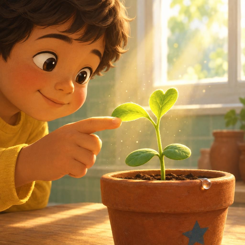 Las plantas no comen con la boca, como tú. Sus hojas verdes atrapan la luz del sol. Con esa luz, un poco de agua y aire, la plantita hace su propia comida. Por eso las plantas nece