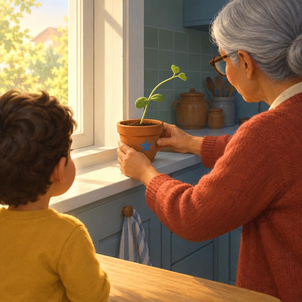 La abuela tiene una idea: “Hagamos un experimento, una prueba para descubrir algo”. Gira la maceta despacito. Ahora la plantita queda inclinada hacia adentro, lejos de la ventana.
