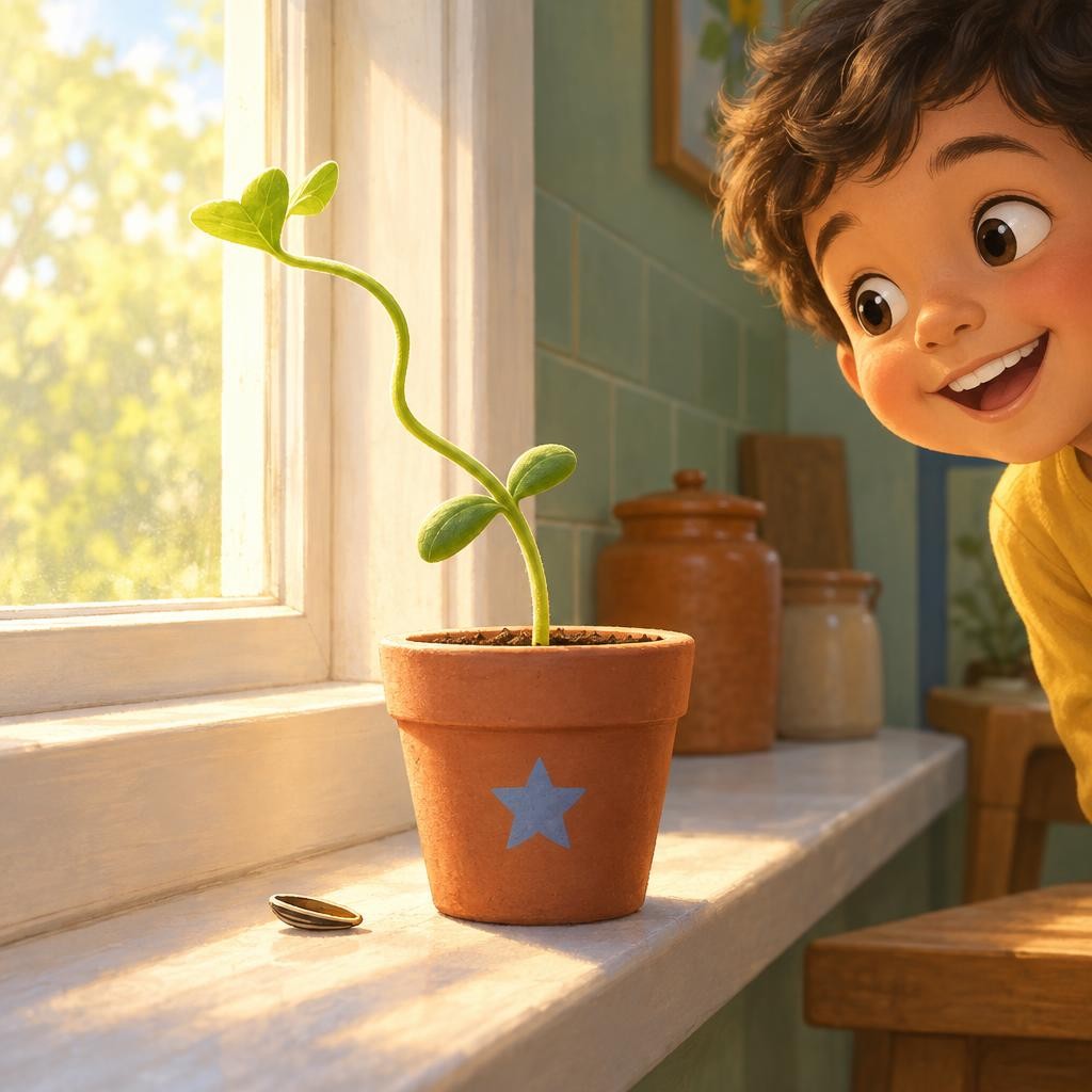 Dos días después, Mateo despierta y va directo a la ventana. ¡Mira! Abajo, la plantita sigue inclinada hacia adentro. Pero la puntita, la parte nueva de arriba, se dobló otra vez h