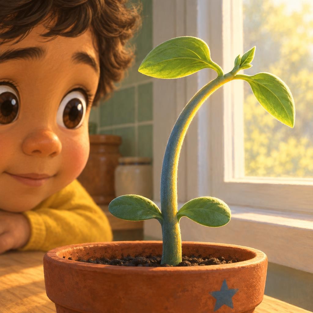 ¿Y cómo se dobla la plantita? Mira el tallo, el palito verde que sostiene las hojas. El lado del tallo que queda en la sombra crece un poquito más largo. El lado que mira a la vent