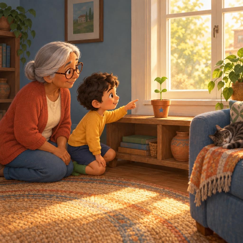 En la sala, la abuela pone otra plantita: una albahaca chiquita y derechita. De un lado hay una ventana con sol. Del otro lado hay una pared con sombra. Mateo ya sabe qué va a pasa