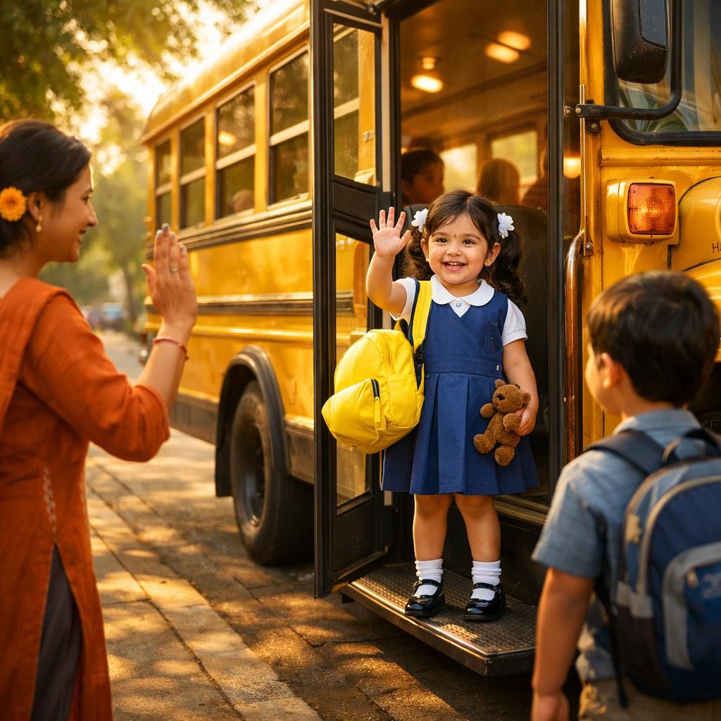 Yellow School Bus illustration for Kayal-oda Magic Smile Bag