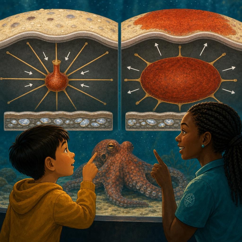 When the radial muscles contract, they shorten and pull the sac outward in many directions. The pigment spreads across a wider disk, so more color becomes visible. When the muscles