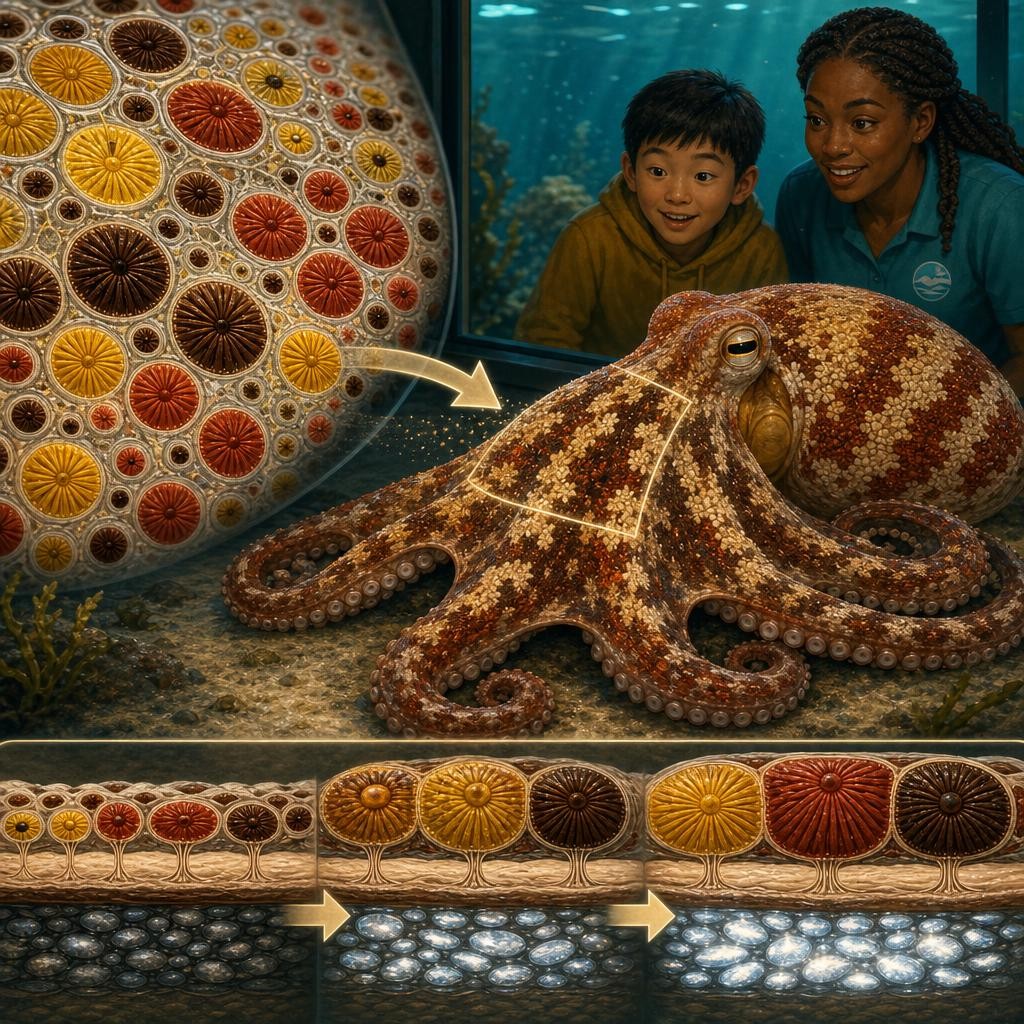 Octopus skin contains thousands of chromatophores with yellow, red, and brown pigments. The nervous system controls groups of them, building spots, bands, and mottled patterns. Oth