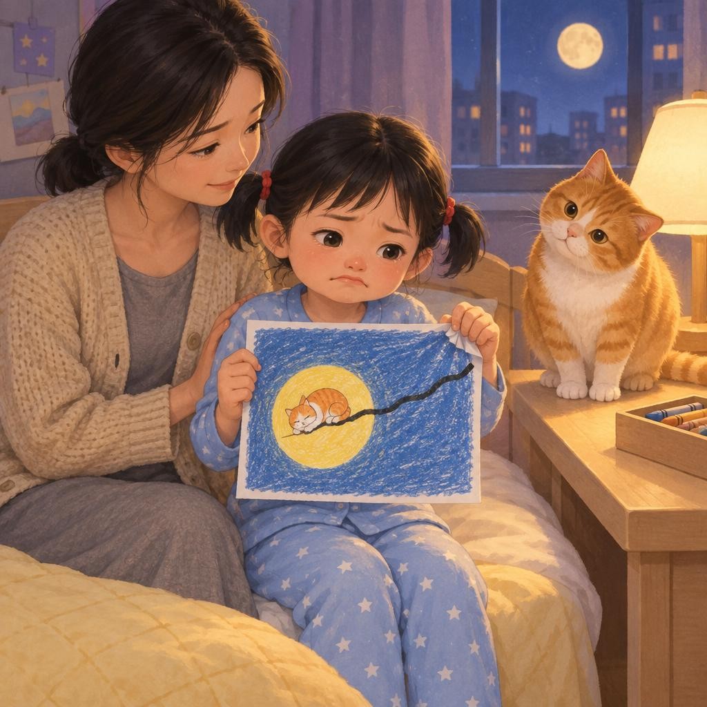 “画坏了！”果果的嘴巴扁了，眼睛热热的。她捏住画纸的一角，想把它揉成一团。团子歪着头，轻轻“喵”了一声。妈妈走进来，在她身边坐下，没有急着说话，只是慢慢摸着她的背。过了一会儿，妈妈小声问：“要揉掉，还是再看一眼？你来决定。”