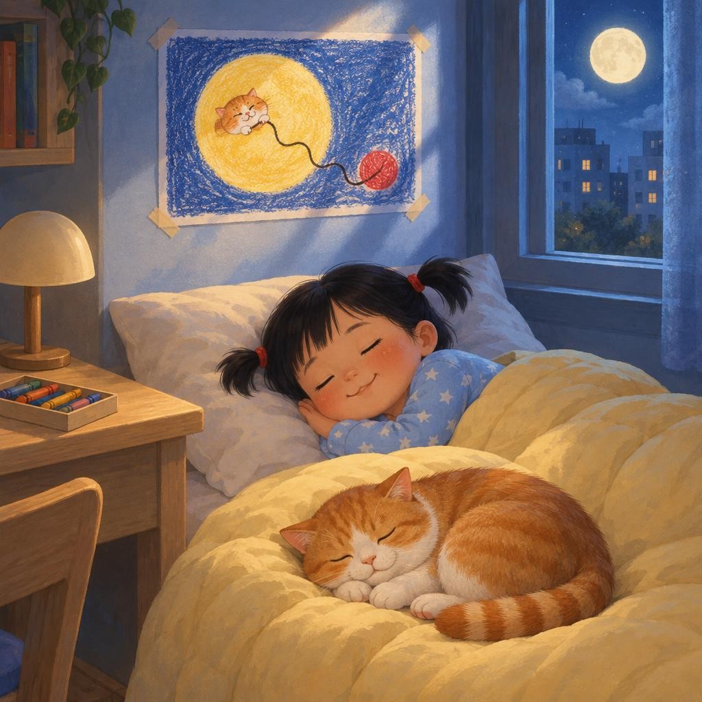 妈妈帮果果把画贴在枕头边的墙上。灯关了，月光照在画上，红红的毛线团好像还在轻轻滚。团子跳上床，蜷在果果的脚边。“晚安，月亮上的团子。”果果小声说，“晚安，床脚的团子。”她闭上眼睛，睡着了。