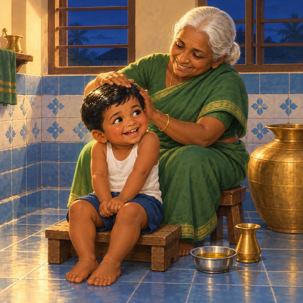பாட்டி கையில் இதமான நல்லெண்ணெய். முகிலின் தலையில்… தொப், தொப், தொப்! தேய், தேய், தேய்! "கிச்சு கிச்சு, பாட்டி!" முகில் கிளுகிளுவென்று சிரித்தான்.