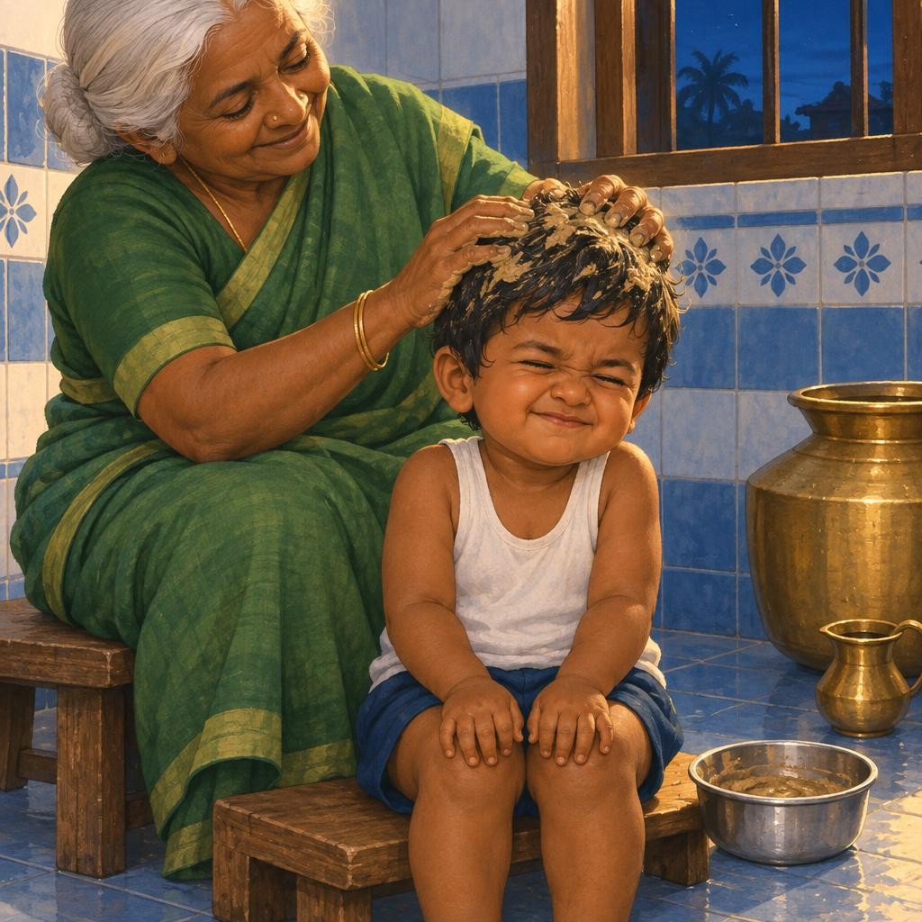 அடுத்து சீயக்காய். "கண்ணை இறுக்கமா மூடு, கண்ணா!" முகில் கண்ணை மூடினான். இறுக்கமா, இறுக்கமா! ஒரு கண் கூட திறக்கல. சீயக்காய் தேய், தேய்!