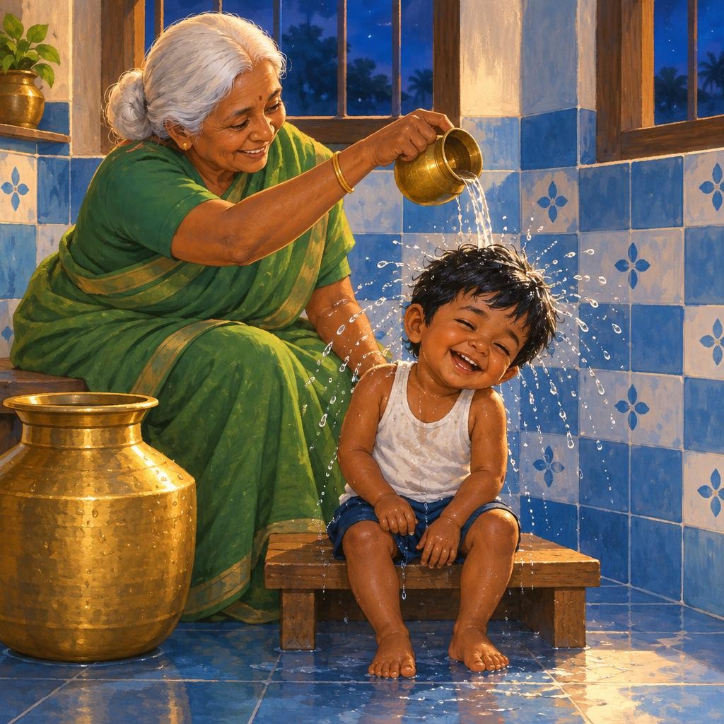 பாட்டி பித்தளைச் செம்பில் இதமான தண்ணீர் எடுத்தார். சளக்! இன்னொரு முறை… சளக்! எண்ணெய் போச்சு. சீயக்காய் போச்சு. முகில் தலையை ஆட்டினான். சொட்டு, சொட்டு, சொட்டு!