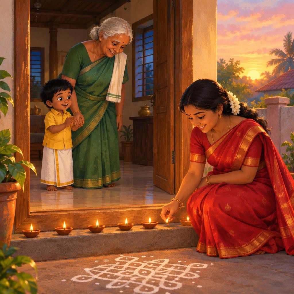 பெரிய towel-ல் ஒரு கதகதப்பான hug. அப்புறம் புது வேஷ்டி, புது மஞ்சள் shirt! வாசலில் அம்மா விளக்குகளை ஏற்றியிருந்தார். முகில் கை தட்டினான். "Happy Deepavali, பாட்டி!"