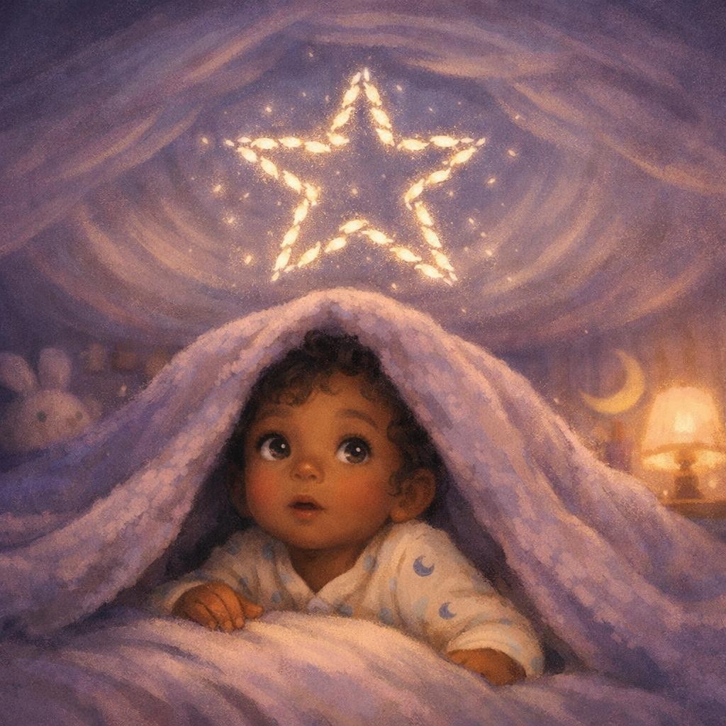 Tip to tip, the fish turned the glow into a simple star. Nil illustration for The Ceiling Glow Fish