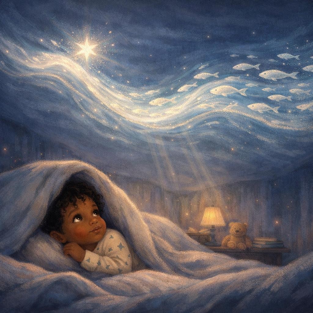From the star, they swam a long ribbon of wavy light, like a illustration for The Ceiling Glow Fish